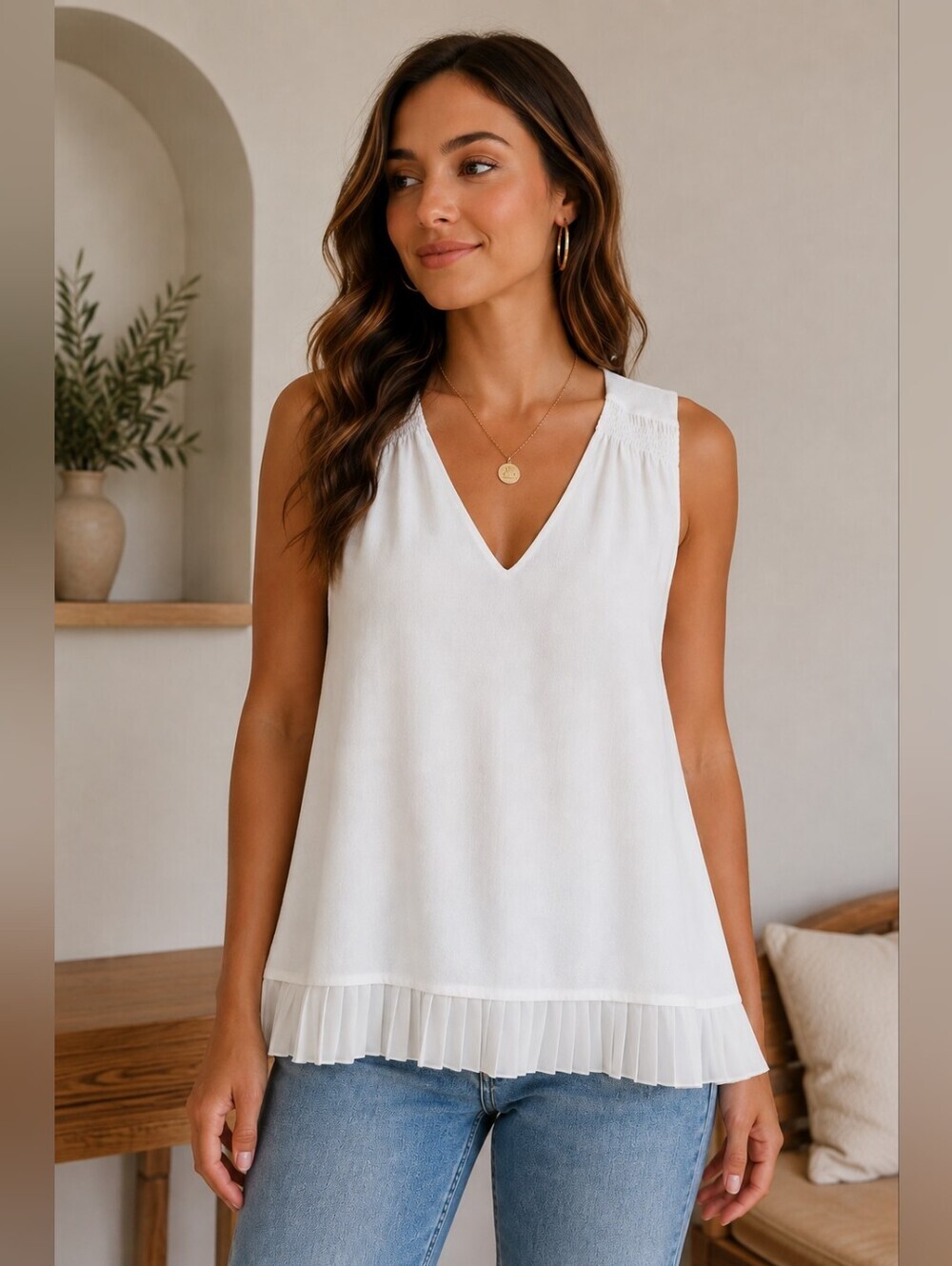 Maeve White V-Neck Sleeveless Pleated-Hem Camisole